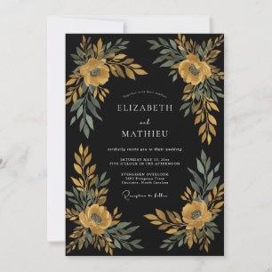 Black Ochre Leafy Wedding Invitation