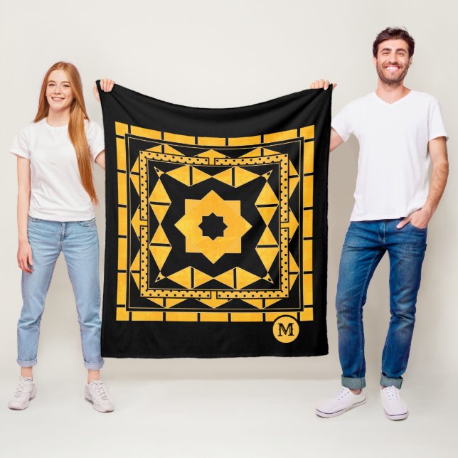 Black Ochre Pattern Monogram Fleece Blanket (In Situ)