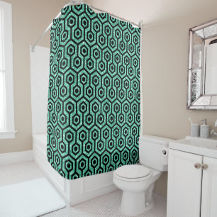 Black Octagon Pattern & Green Glitter Texture Shower Curtain