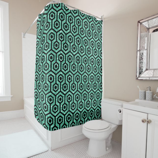 Black Octagon Pattern & Green Glitter Texture Shower Curtain (In Situ)