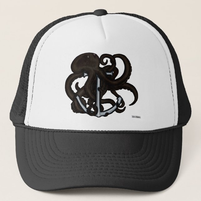 Black Octopus Over Anchor Trucker Hat (Front)