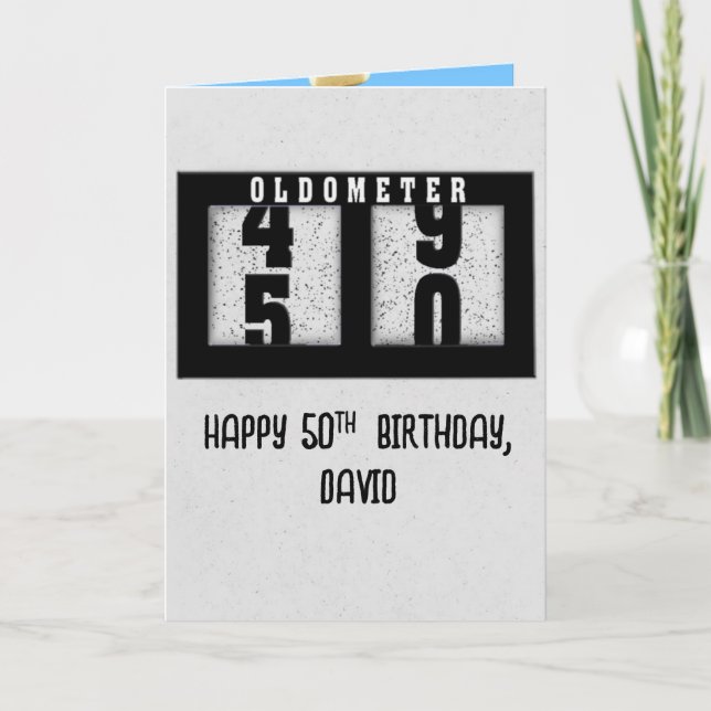 Black Odometer for 50th Birthday With Name Card (Front)