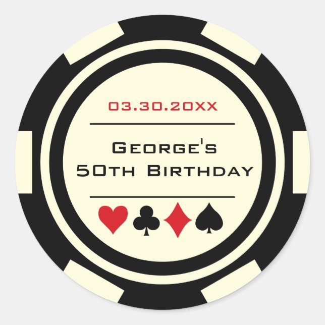 Black Off White Poker Chip Casino Birthday Classic Round Sticker (Front)