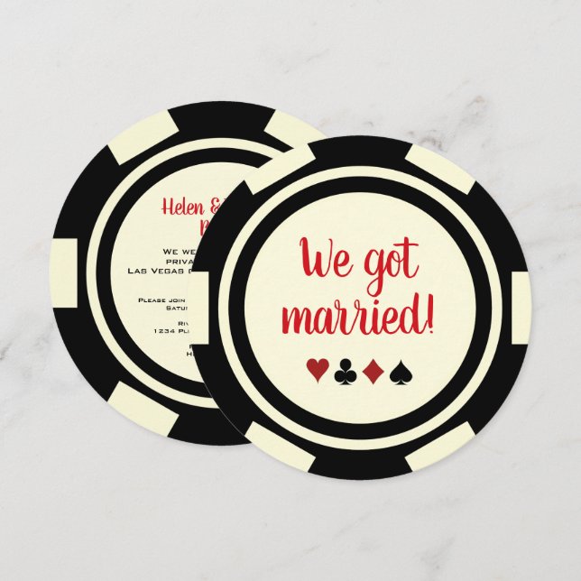 Black Off White Poker Chip Wedding Eloped Announce Invitation (Front/Back)