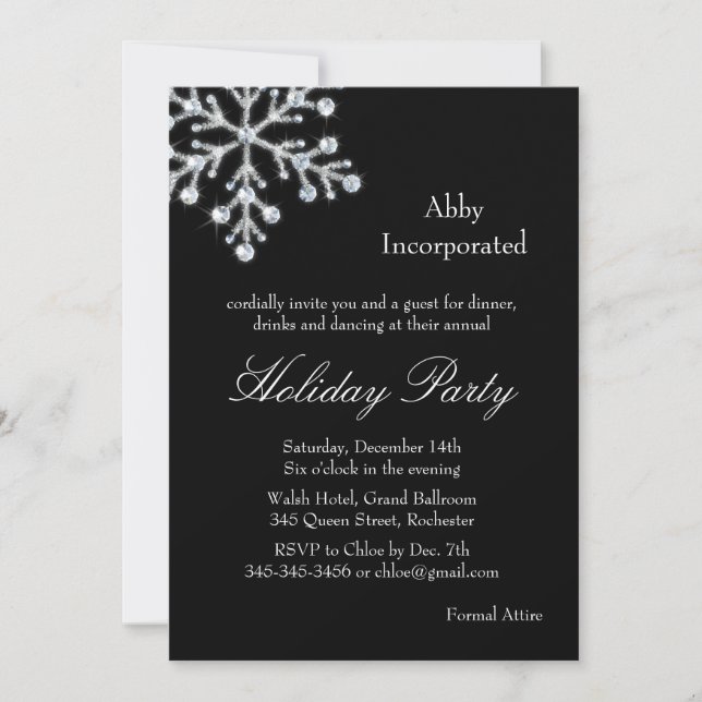 Black Offset Crystal Snowflake Holiday Invitation (Front)