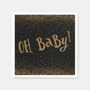 Black "Oh Baby!" Gold Glitter Confetti Baby Shower Napkin