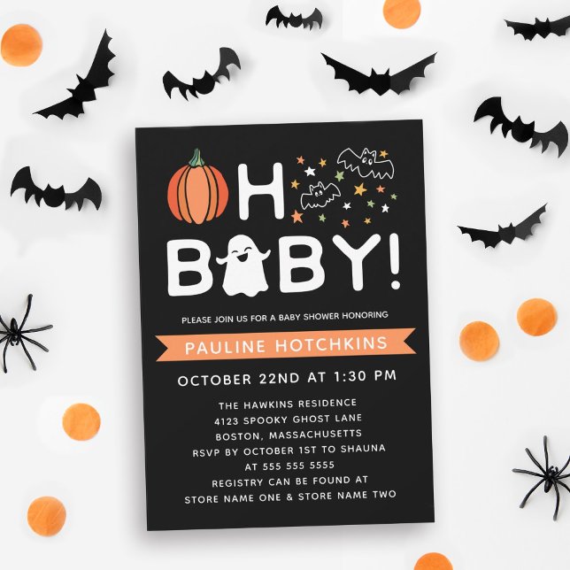 Black Oh Baby Pumpkin Halloween Baby Shower Invitation (Creator Uploaded)