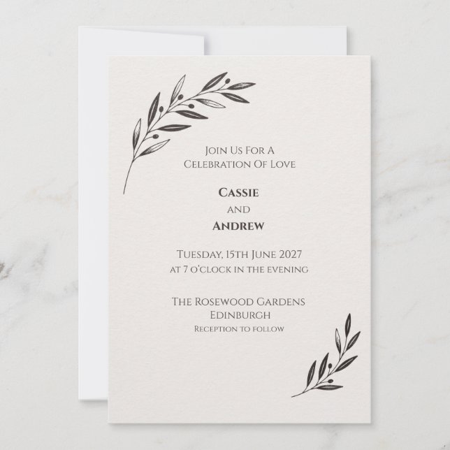 Black Olive Botanical Wedding Invitation (Front)