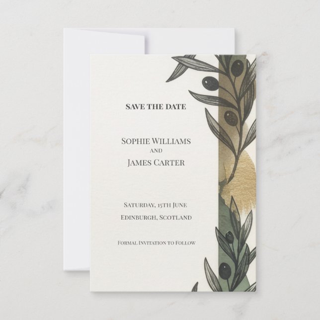 Black Olive Branch Save The Date Card (Front)