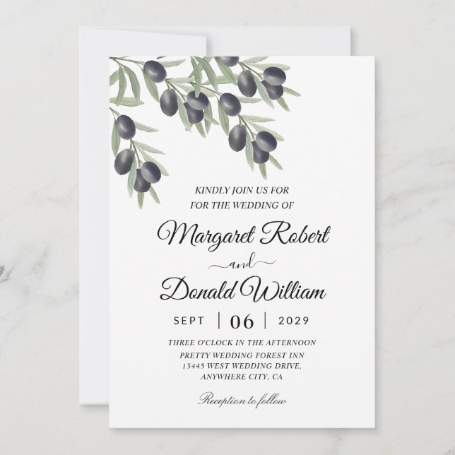 black olive branch watercolor wedding invitations (Front)
