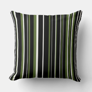 Black, Olive Green, and White Barcode Stripe Cushion