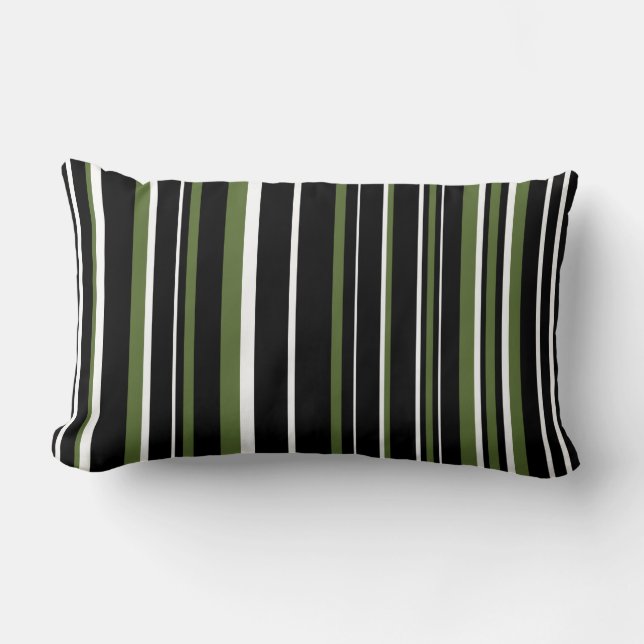 Black, Olive Green, and White Barcode Stripe Lumbar Cushion (Front)