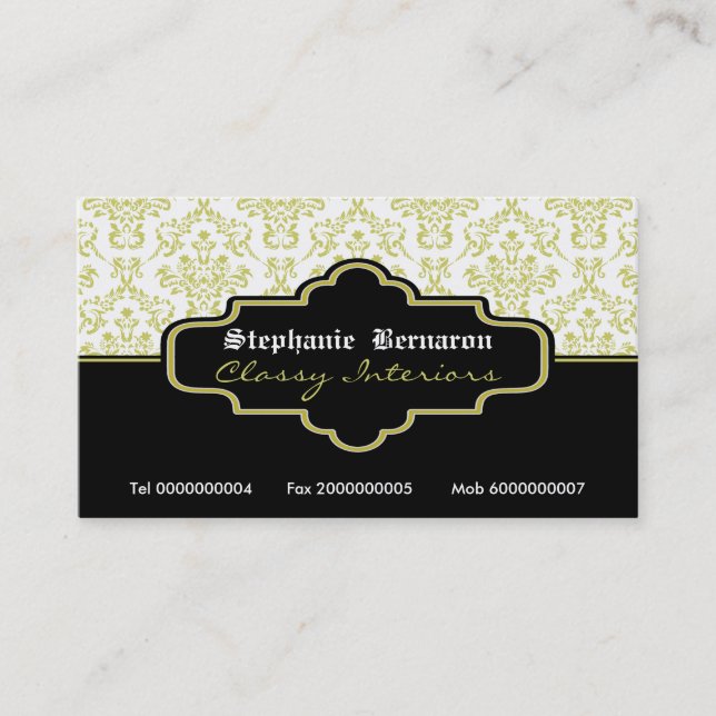 Black olive green white damask interiors business card (Front)