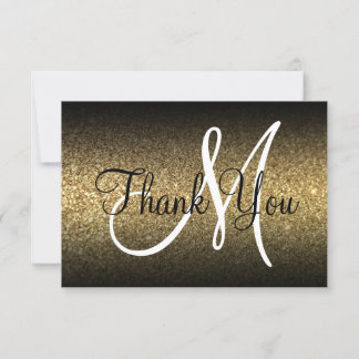 Black Ombre Gold Glitter Monogram Thank You Card