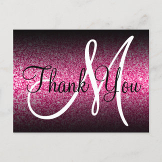 Black Ombre Hot Pink Glitter Monogram Thank You Postcard