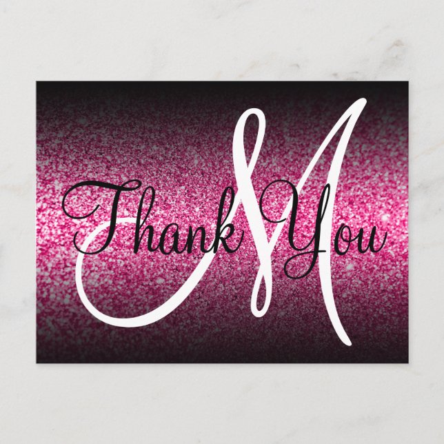 Black Ombre Hot Pink Glitter Monogram Thank You Postcard (Front)