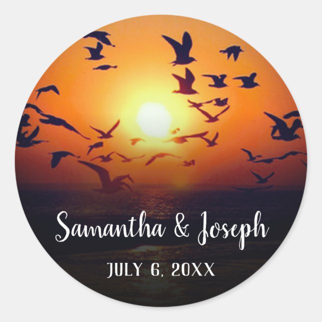 Black Ombre Orange Sunset Photo Wedding Classic Round Sticker (Front)
