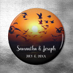 Black Ombre Orange Sunset Photo Wedding Magnet<br><div class="desc">Create your own save the date or anniversary magnet. A black ombre with a photo of a flock of gulls silhouetted against a bright orange sunset. The bride and groom's names are in a white calligraphy font. Sunset cruise wedding. Seaside, beach, oceanside or lakeside wedding venue. Great magnets for a...</div>