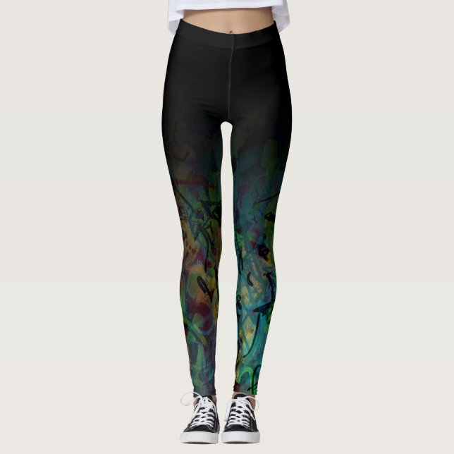 Black Ombre Over Multicolored Abstract Art Leggings (Front)