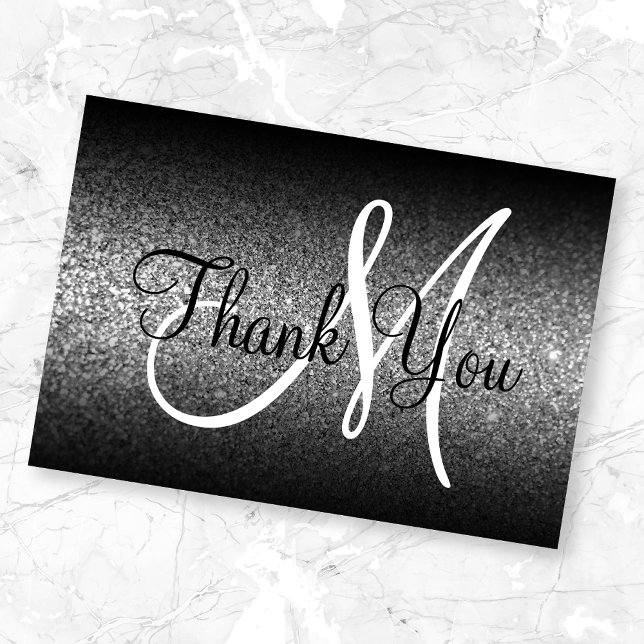 Black Ombre Silver Glitter Monogram Thank You Card (Creator Uploaded)