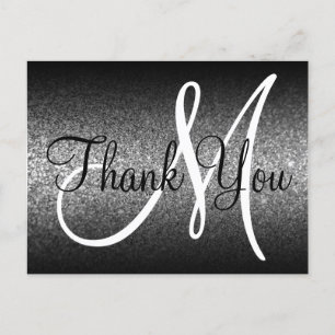 Black Ombre Silver Glitter Monogram Thank You Postcard