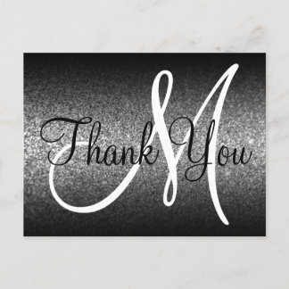 Black Ombre Silver Glitter Monogram Thank You Postcard