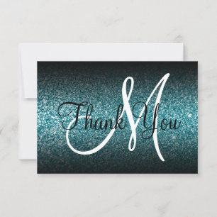 Black Ombre Teal Glitter Monogram Thank You Card