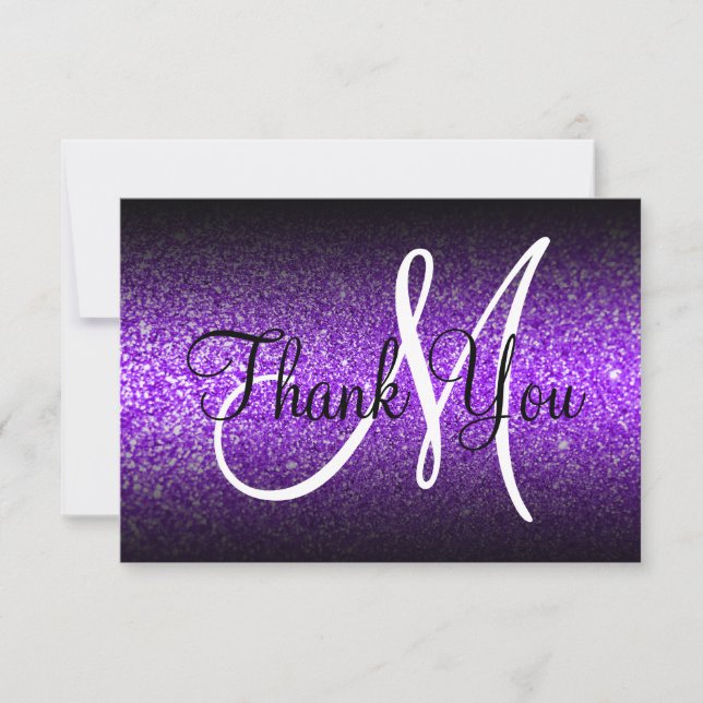 Black Ombre Violet Glitter Monogram Thank You Card (Front)