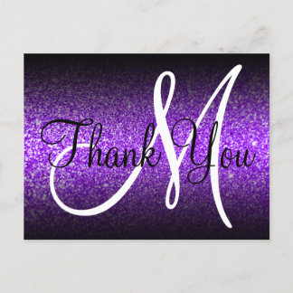 Black Ombre Violet Glitter Monogram Thank You Postcard