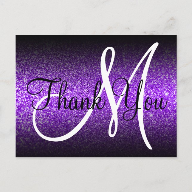 Black Ombre Violet Glitter Monogram Thank You Postcard (Front)
