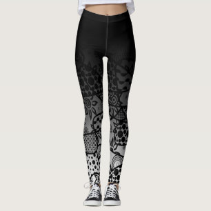 Black Ombre w/ Black & White Pattern Abstract 3 Leggings