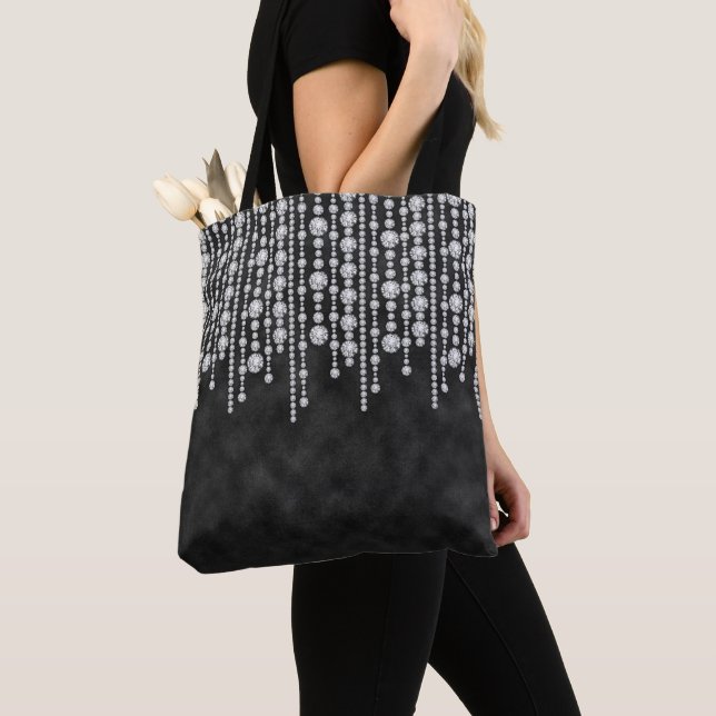 BLACK OMBRE WITH DIAMOND LOOK CHAINS STONES BEADS TOTE BAG (Close Up)