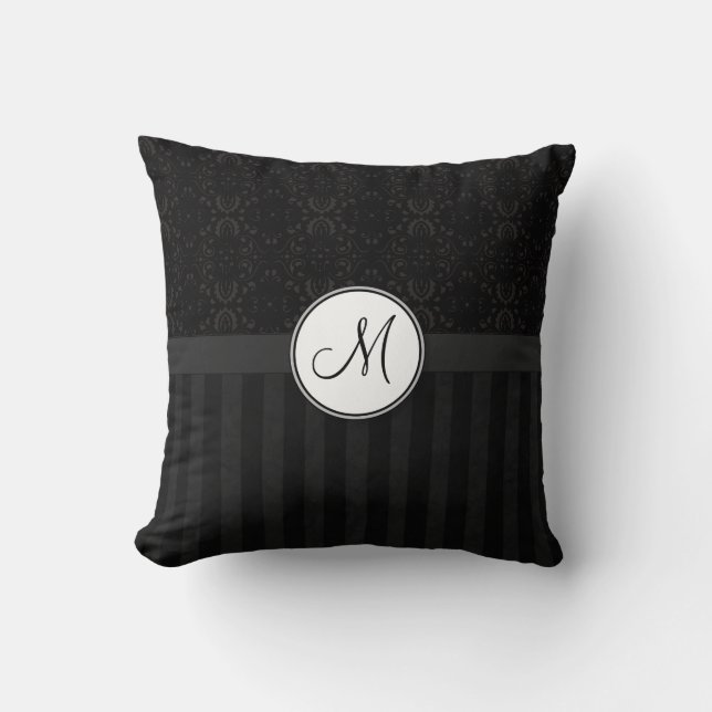 Black on Black Damask and Stripes with Monogram Cushion (Front)