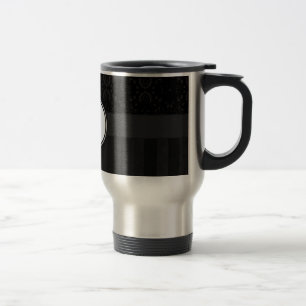Black on Black Damask and Stripes with Monogram Travel Mug