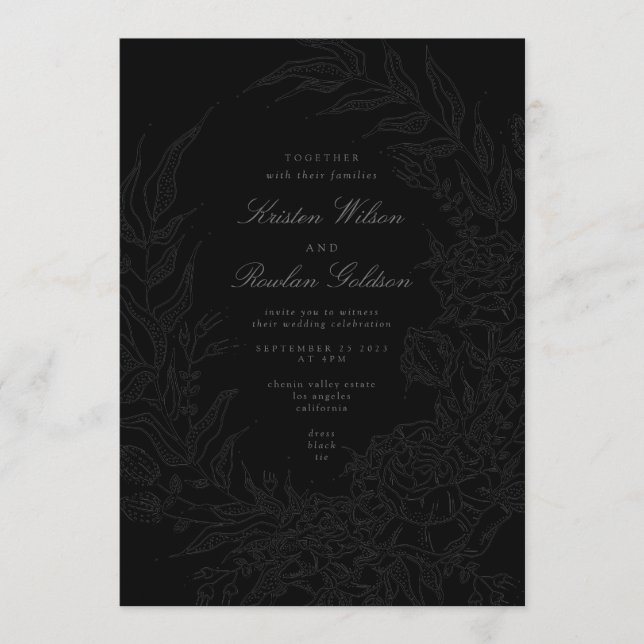 Black on Black Floral Wreath Wedding QR Code Invitation (Front)