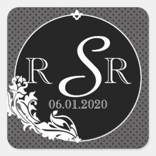 Black on Black Polka Dot Wedding Monogram Square Sticker