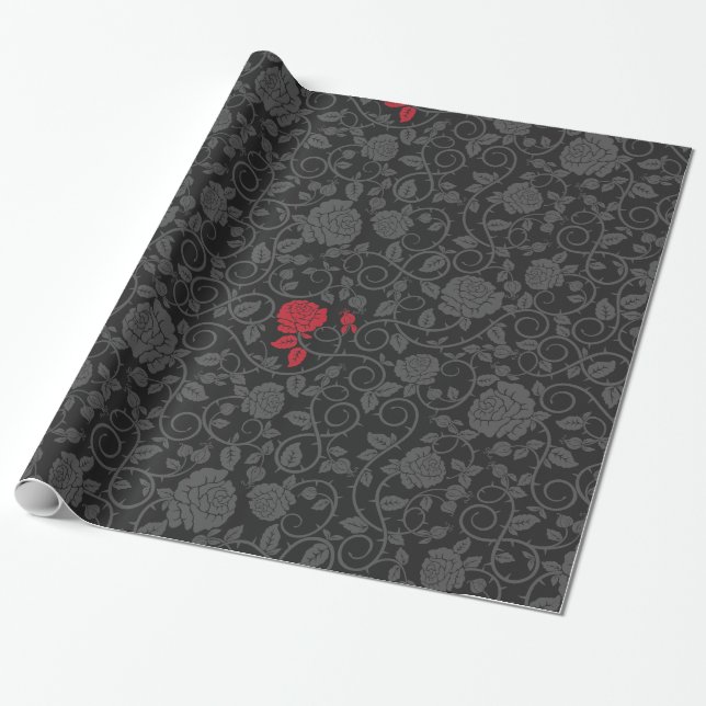 Black on Black Red Rose Modern Damask Floral Wrapping Paper (Unrolled)