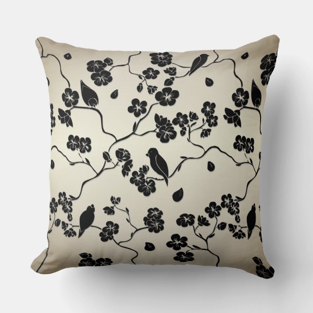 Black on Bronze Pattern Birds and Cherry Blossoms Cushion (Front)
