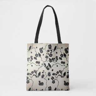 Black on Bronze Pattern Birds and Cherry Blossoms Tote Bag