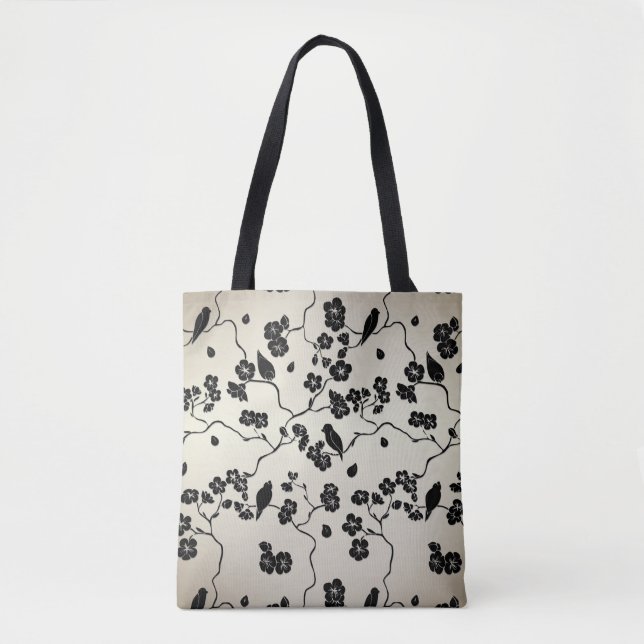 Black on Bronze Pattern Birds and Cherry Blossoms Tote Bag (Front)