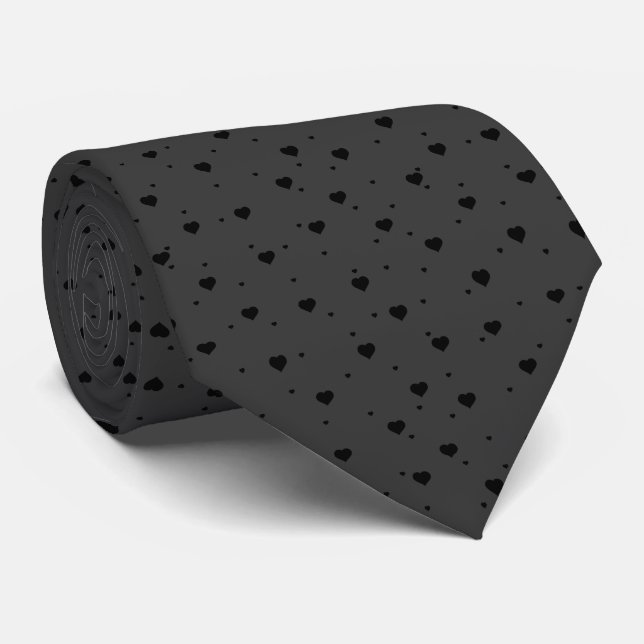 Black On Dark Grey Hearts pattern Tie (Rolled)