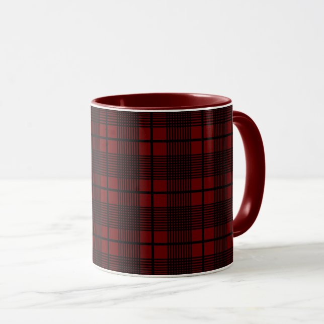 Black on Dark Red Plaid Pattern Glen Coffee Mug (Front Right)