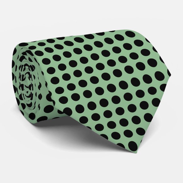 Black on Dark Sea Green Large Horiz. Polka Dots Tie (Rolled)