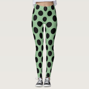 Black on Dark Sea Green Large Size Polka Dots Leggings