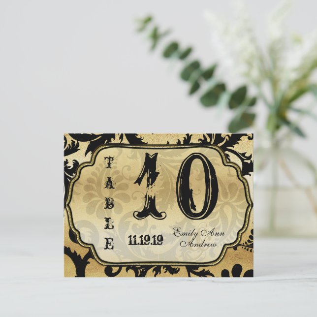 Black on Gold Damask Swirls Table Number Postcard (Standing Front)