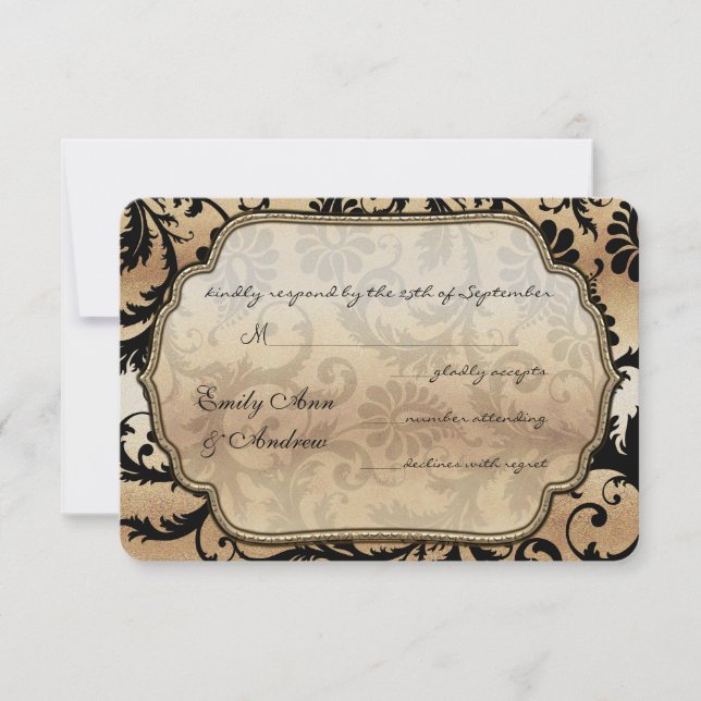 Black on Gold Damask Swirls Wedding RSVP (Front)
