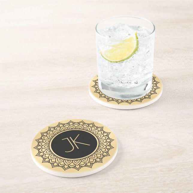 Black On Gold Ornate Circle Mandala Coaster (Side)