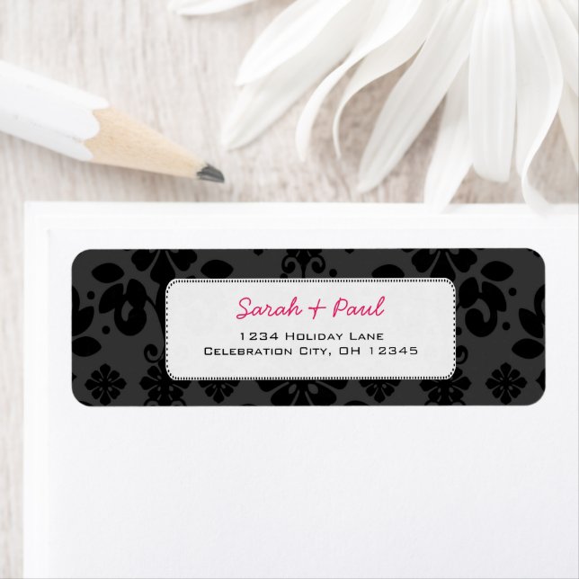 Black on Gray Floral Damask Return Address Label (Insitu)