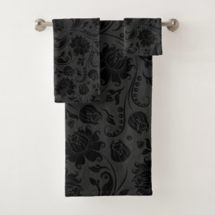 Black on grey damasks pattern bath towel set