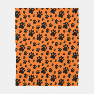 Black on Orange Heart Paw Print Fleece Blanket